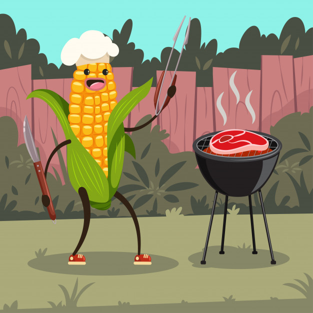 funny corn chef hat with barbecue cartoon cute character happy vegetable with bbq tools cooking steak grill backyard 97231 1130