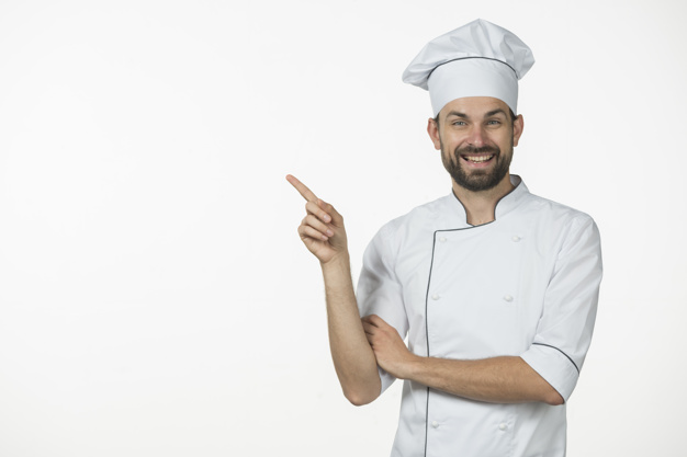 happy male chef pointing his finger something isolated white background 23 2147863832