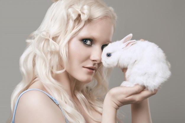 albino blond girl elegant dress posing with cute little rabbit 149155 1028