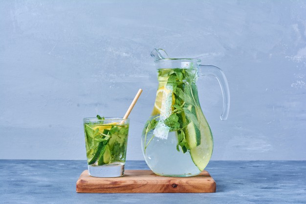 mojito with lemon mint wooden board blue 114579 16410