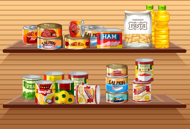 many different canned foods processed food wall shelves 1308 48441