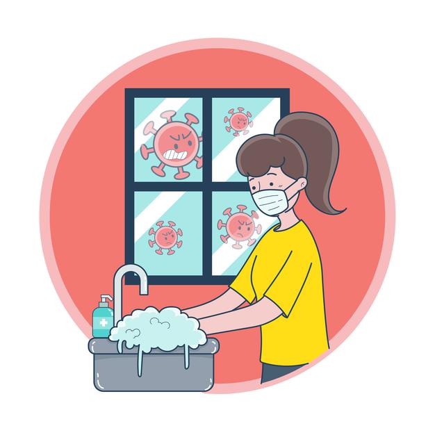 young woman wearing mask washing her hands prevent germs 1150 34998