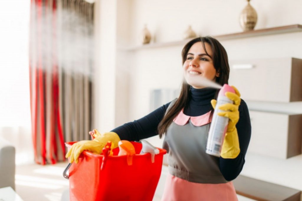 smiling maid uniform rubber gloves sprays air freshener hotel room professional housekeeping equipment charwoman 266732 2901 copy 1280x853