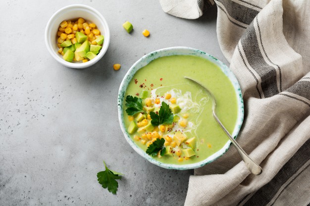 homemade tender soup puree from avocado corn with cream rustic ceramic plate gray concrete old background 253362 4529