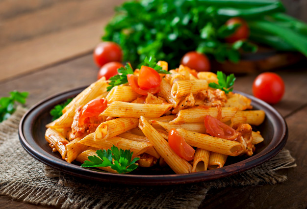 penne pasta tomato sauce with chicken tomatoes wooden table 2829 19739